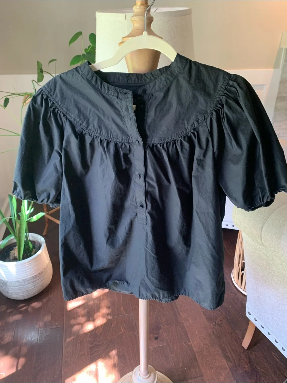 J. Crew Black Puff-Sleeve Button-Front Blouse